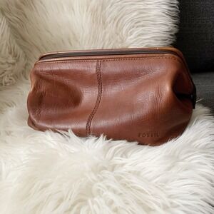 Fossil Brown Genuine Leather Framed  Zip Toiletry Bag Travel
